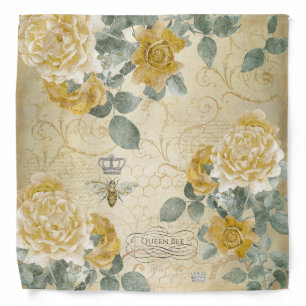 Queen Bee Golden Yellow Roses Floral Monogram Bandana