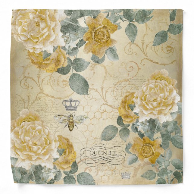 Queen Bee Golden Yellow Roses Floral Monogram Bandana (Front)