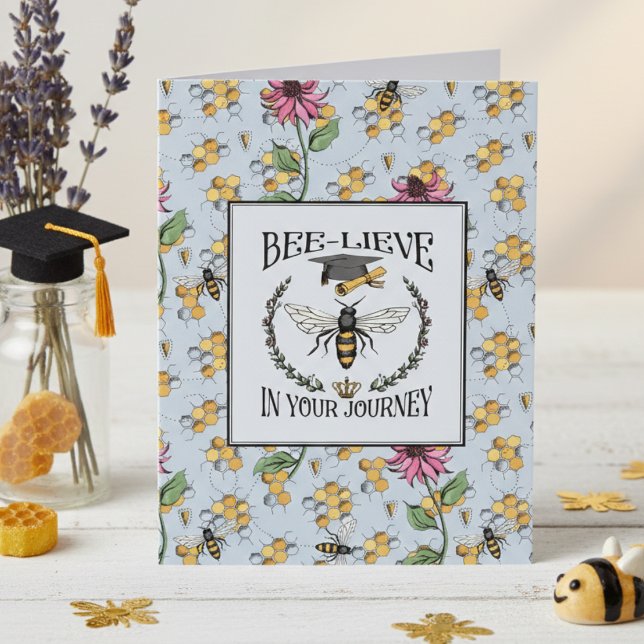 Queen Bee Graduation Bee-lieve Card (Vintage Bee Graduation Cards. Congratulations on your Graduation, Photo, Elegant Floral Bee Pattern)