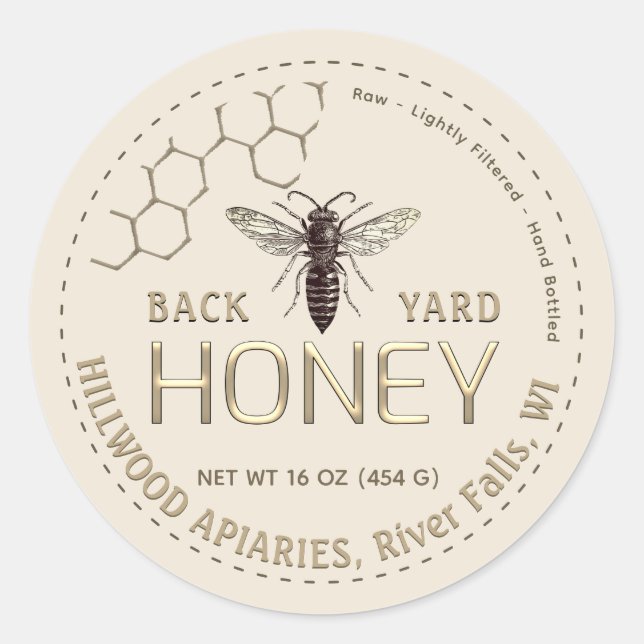 Queen Bee Honey Jar Label Raw Back Yard Honey (Front)