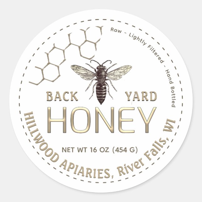 Queen Bee Honey Jar Label Raw Back Yard Honey (Front)