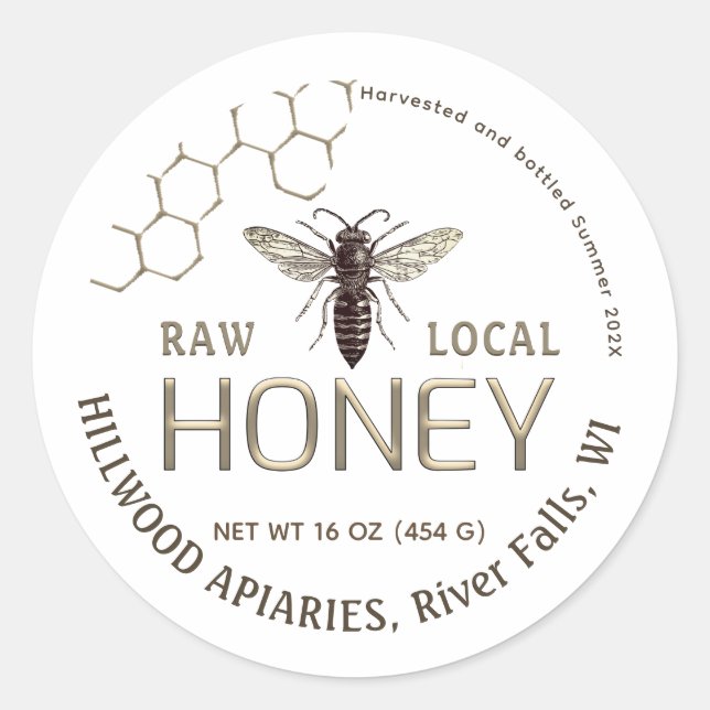 Queen Bee Honey Jar Label Raw Local Honeycomb (Front)