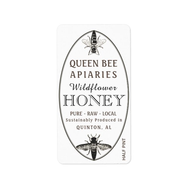Queen Bee Honey with Oval Address or Shipping Size Label (Front)