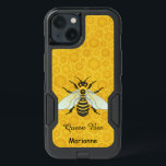 Queen Bee Honeybee Honeycomb Pretty | Add Name iPhone 13 Case<br><div class="desc">A honeybee with white-blue gossamer wings sits on a pretty honeycomb pattern on this unique phone case. Beneath,  the text says,  "Queen Bee, " followed by your name. Both text fields are easily customized.</div>