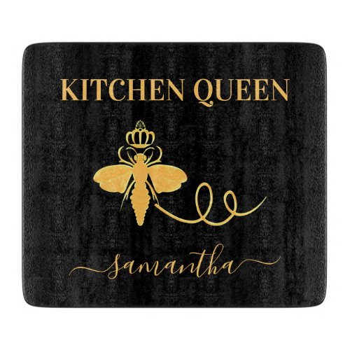 Queen bee kitchen cook name black gold cutting board