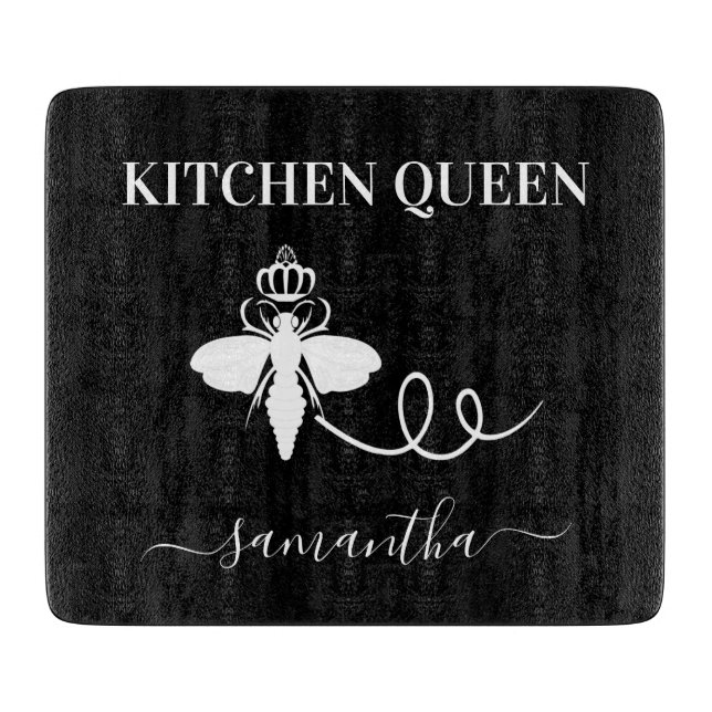 Queen bee kitchen cook name black white cutting board (Front)