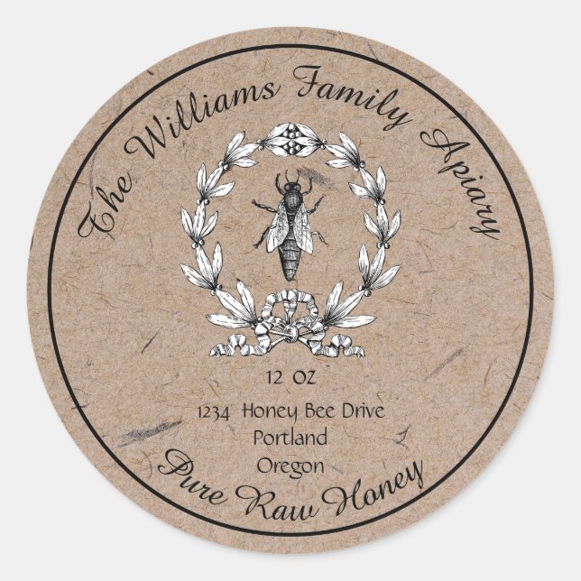 Queen Bee Kraft Paper Honey Apiary | Raw Honey Classic Round Sticker (Front)