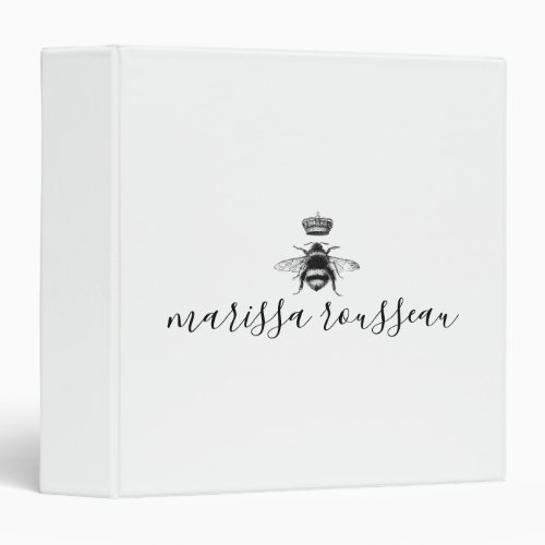 Queen Bee Logo Crown Handwritten Script Name 3 Ring Binder
