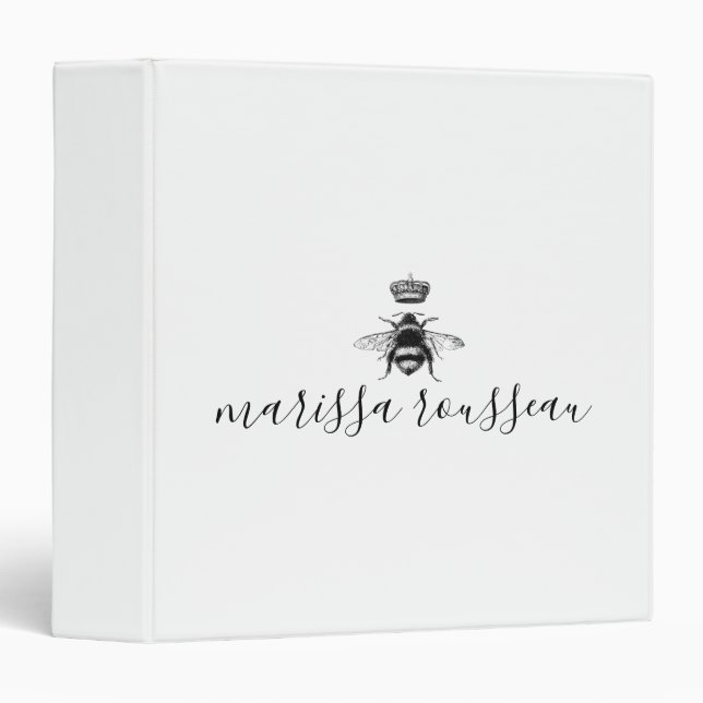 Queen Bee Logo Crown Handwritten Script Name 3 Ring Binder (Front/Spine)
