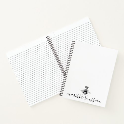 Queen Bee Logo Crown Handwritten Script Name  Notebook