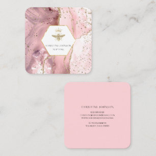 queen bee logo on pink agate square business card