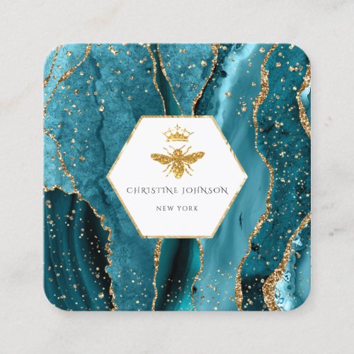 Queen bee logo on turquoise agate  square business card