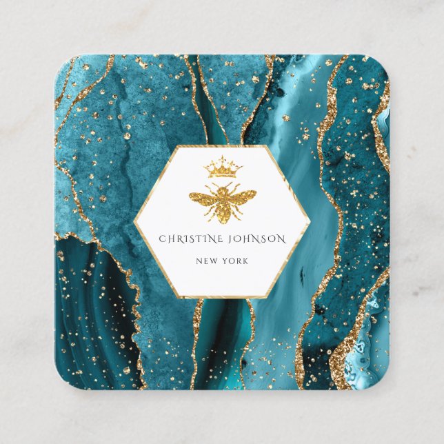 Queen bee logo on turquoise agate  square business card (Front)