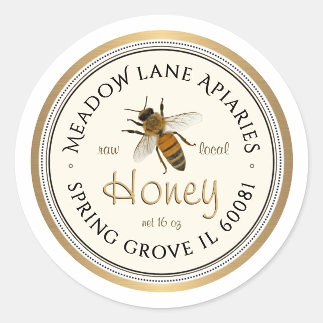 Queen Bee Metallic Gold Border Honey Label (Front)