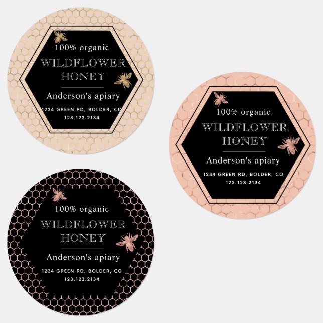 queen bee metallic honeycomb adhesive honey jar labels (Group)