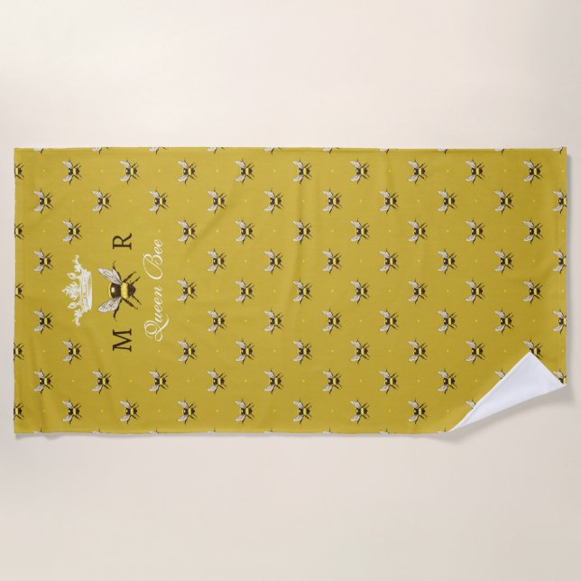 Queen Bee Modern Vintage Monogram Beach Towel (Front)