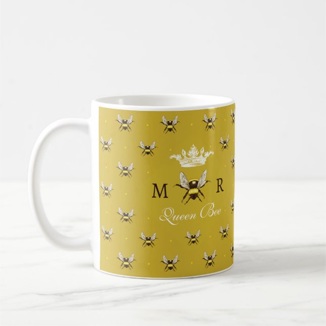 Queen Bee Modern Vintage Monogram Coffee Mug (Left)