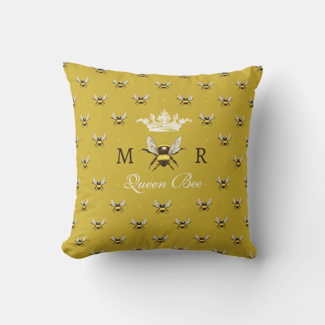 Queen Bee Modern Vintage Monogram Throw Pillow (Front)