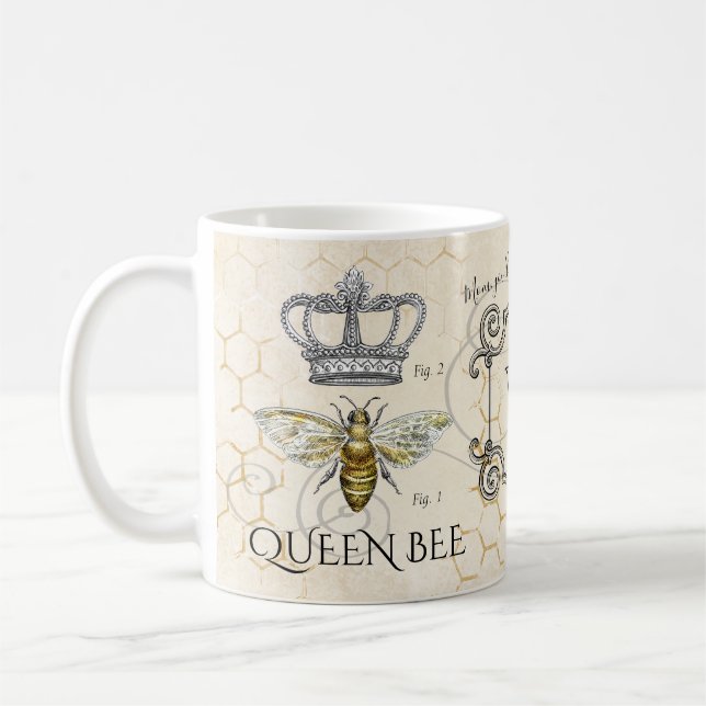 Queen Bee Mom Quote Honeycomb Monogram Coffee Mug (Left)