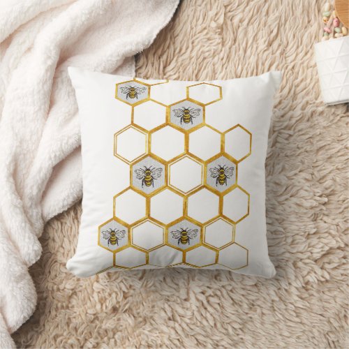 Queen bee pattern in gold honeycomb hexagons throw pillow