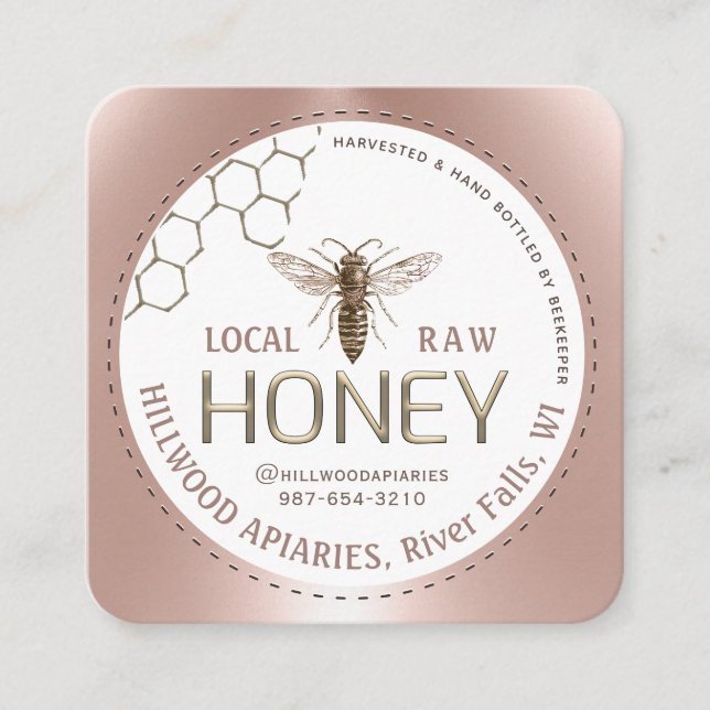 Queen Bee Rose Gold Beekeepers Apiary Honeycomb Square Business Card (Front)