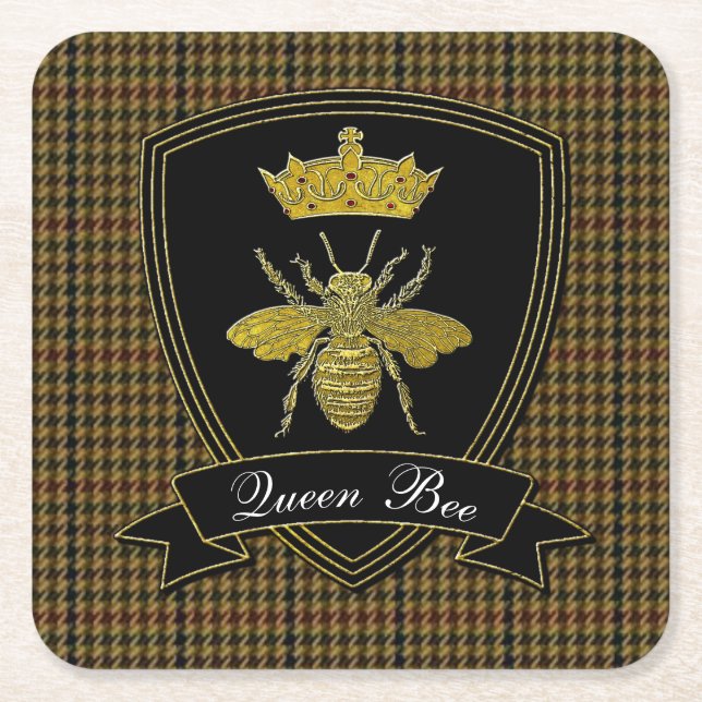 Queen Bee Tweed Your Text Square Paper Coaster (Front)