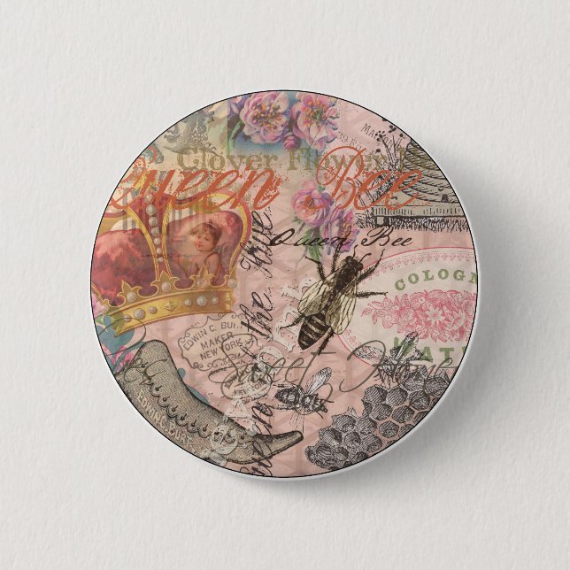 Queen Bee Vintage Beautiful Collage Button (Front)
