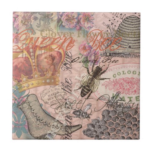 Queen Bee Vintage Beautiful Collage Ceramic Tile