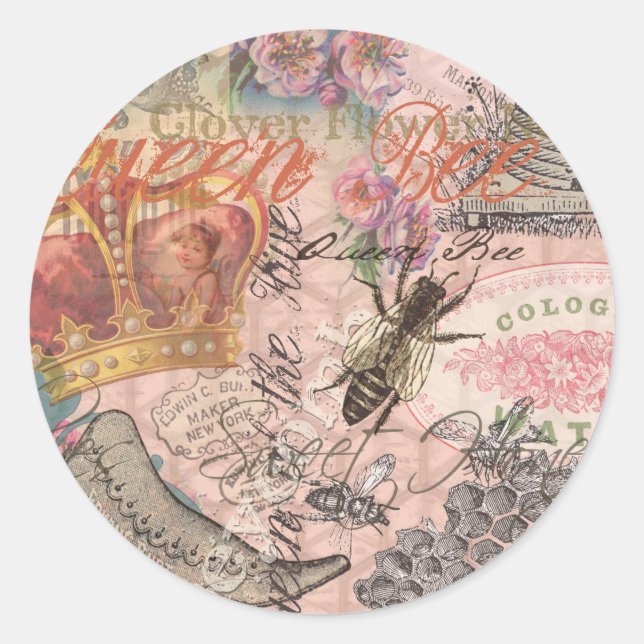 Queen Bee Vintage Beautiful Collage Classic Round Sticker (Front)