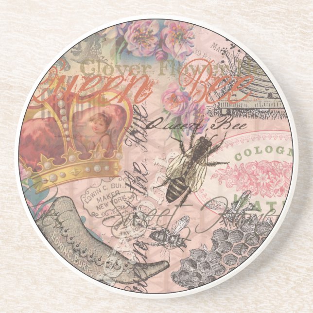 Queen Bee Vintage Beautiful Collage Drink Coaster (Front)