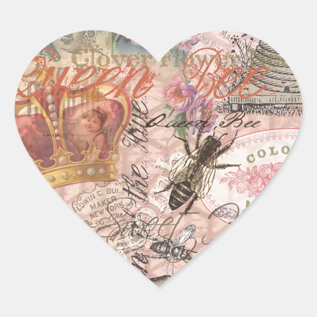 Queen Bee Vintage Beautiful Collage Heart Sticker (Front)