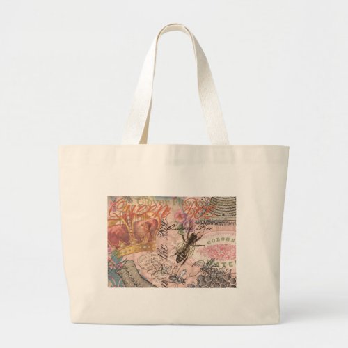 Queen Bee Vintage Beautiful Collage Large Tote Bag