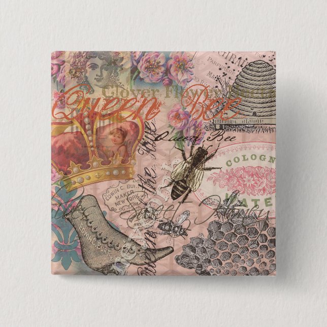 Queen Bee Vintage Beautiful Collage Pinback Button (Front)