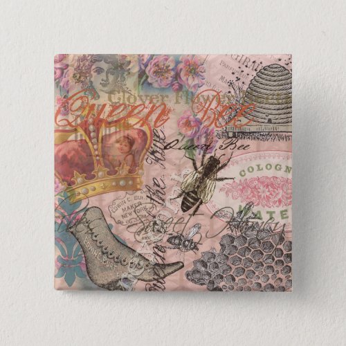 Queen Bee Vintage Beautiful Collage Pinback Button
