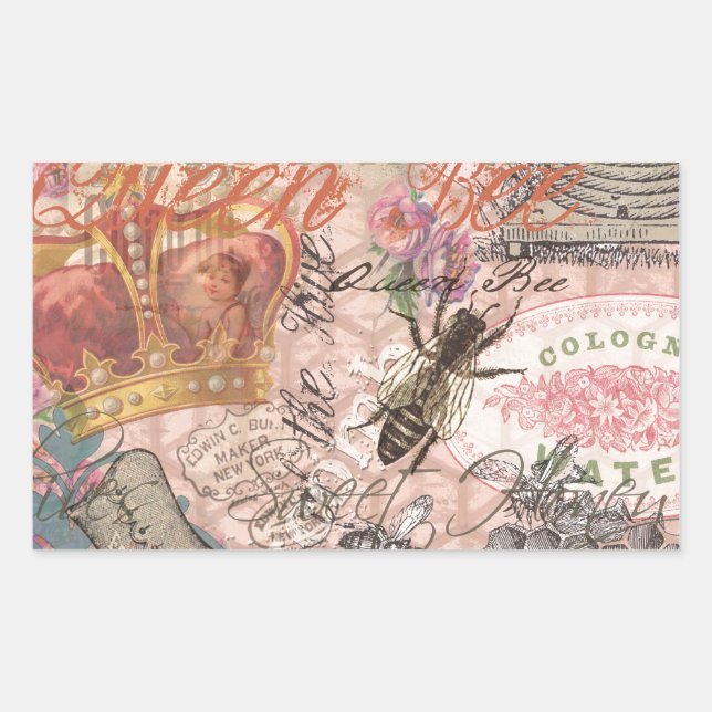 Queen Bee Vintage Beautiful Collage Rectangular Sticker (Front)