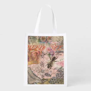 Queen Bee Vintage Beautiful Collage Reusable Grocery Bag