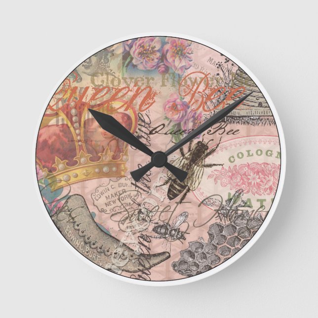 Queen Bee Vintage Beautiful Collage Round Clock (Front)