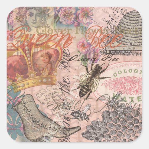 Queen Bee Vintage Beautiful Collage Square Sticker