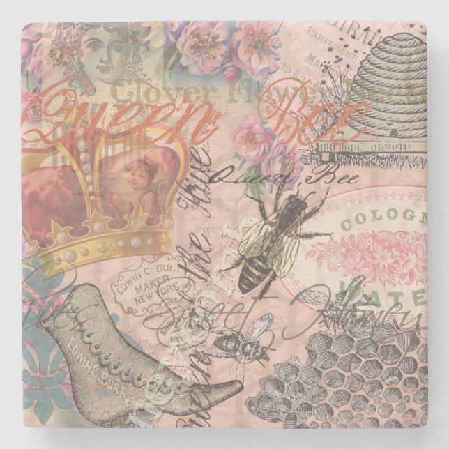 Queen Bee Vintage Beautiful Collage Stone Coaster (Front)