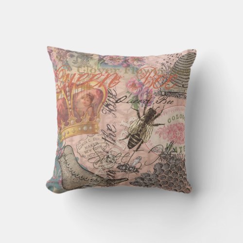 Queen Bee Vintage Beautiful Collage Throw Pillow