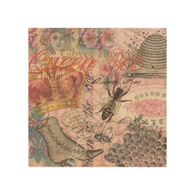 Queen Bee Vintage Beautiful Collage Wood Wall Art (Front)