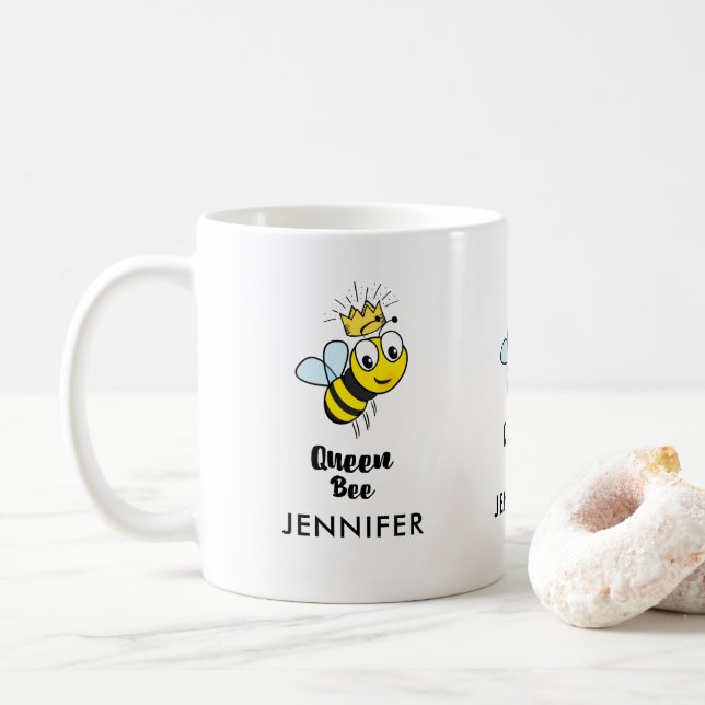 Queen Bee Wearing a Crown Custom Coffee Mug (With Donut)