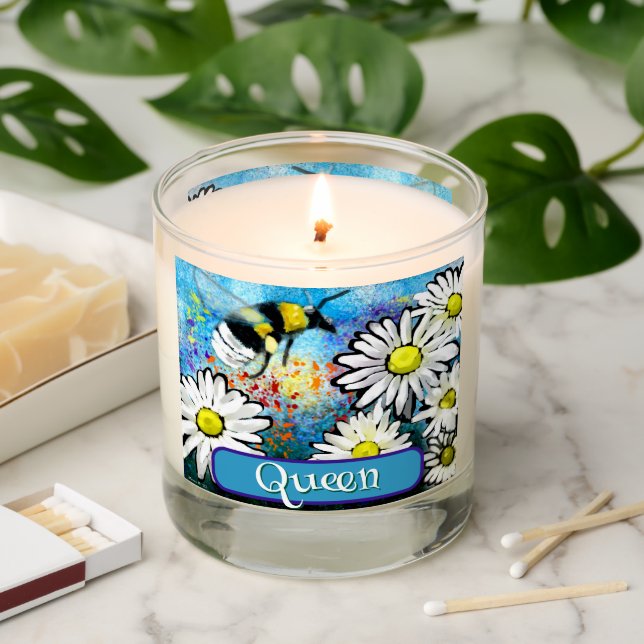 Queen Bee Whimsical Bumblebee Daisies Personalized Scented Candle (Lit)