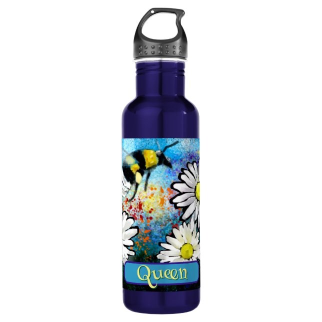 Queen Bee Whimsical Bumblebee Daisies Personalized Stainless Steel Water Bottle (Front)
