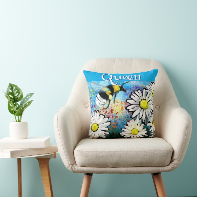 Queen Bee Whimsical Bumblebee Daisies Personalized Throw Pillow (Chair)