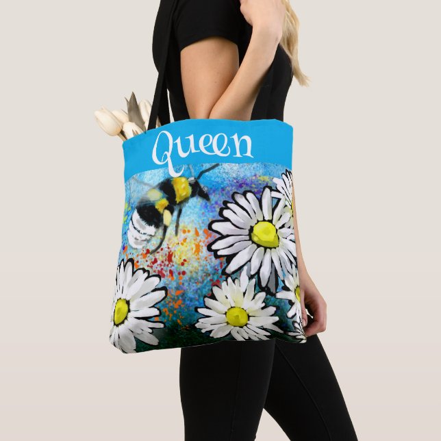 Queen Bee Whimsical Bumblebee Daisies Personalized Tote Bag (Close Up)