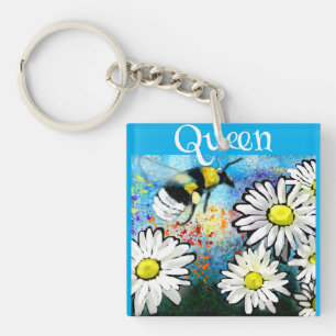Queen Bee Whimsical Bumblebee in Daisies Painting Keychain