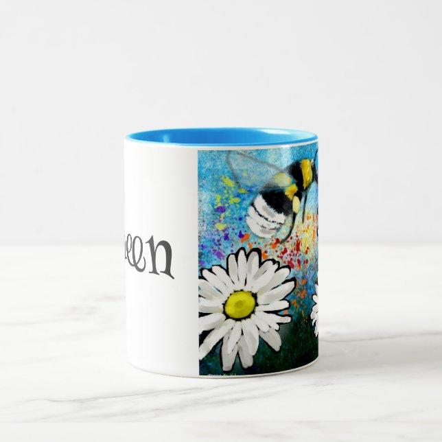 Queen Bee Whimsical Bumblebee in Daisies Painting Two-Tone Coffee Mug (Center)