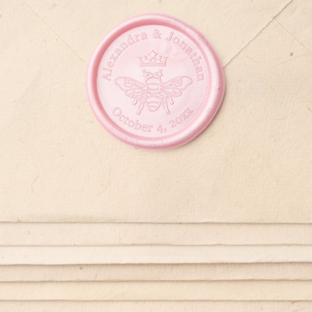 Queen Bee with Crown Bumblebee Couple Names Date Wax Seal Sticker (Front)
