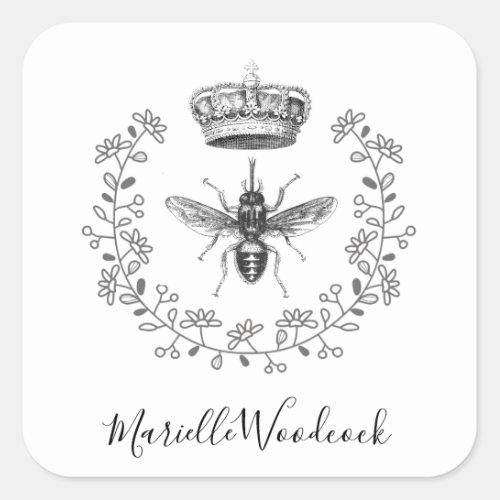 Queen Bee With Crown Laurel Logo Square Sticker